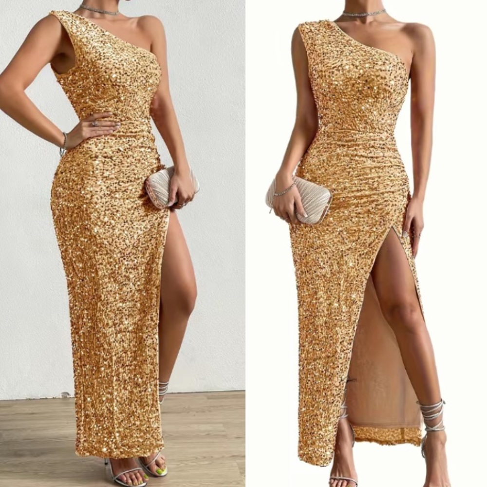 Luxe blue one shoulder slit thigh party formal evening sequins dress - Picture 15 of 16